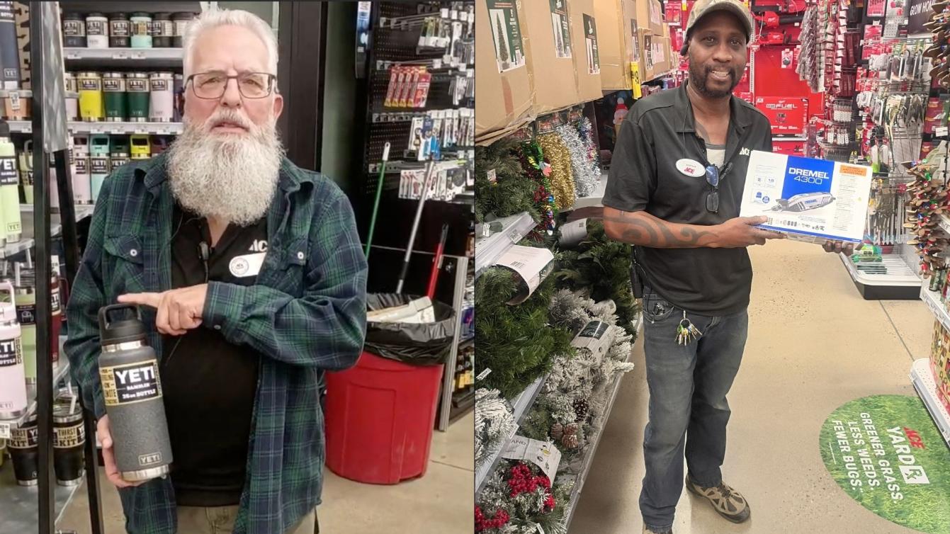 Left: A bearded Ace Hardware employee wearing glasses and a flannel shirt holds up a large YETI water bottle inside the drinkware aisle. Right: Another Ace team member wearing a cap and black uniform shirt smiles while holding a Dremel 4300 tool kit in the hardware aisle filled with holiday décor and tools.