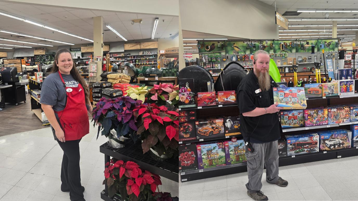 Left: An Ace Hardware employee wearing a red apron stands beside a display of colorful poinsettia plants inside the store. Right: Another employee with a long beard holds up a Disney LEGO set while standing in front of fully stocked LEGO shelves in the toy aisle.