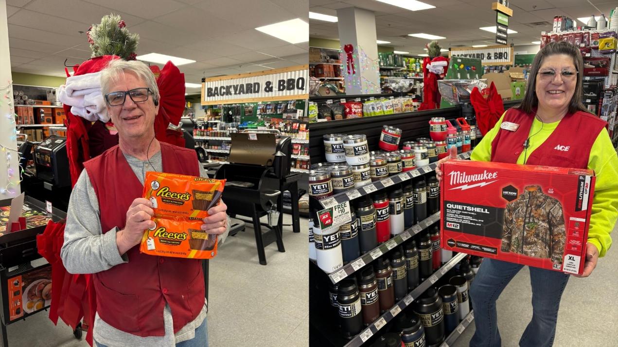 Left: An Ace Hardware team member in a red vest smiles while holding two packages of Reese’s peanut butter cups in the grilling department. Right: Another employee wearing glasses and a high-visibility yellow shirt holds a boxed Milwaukee heated jacket in front of a YETI drinkware display.