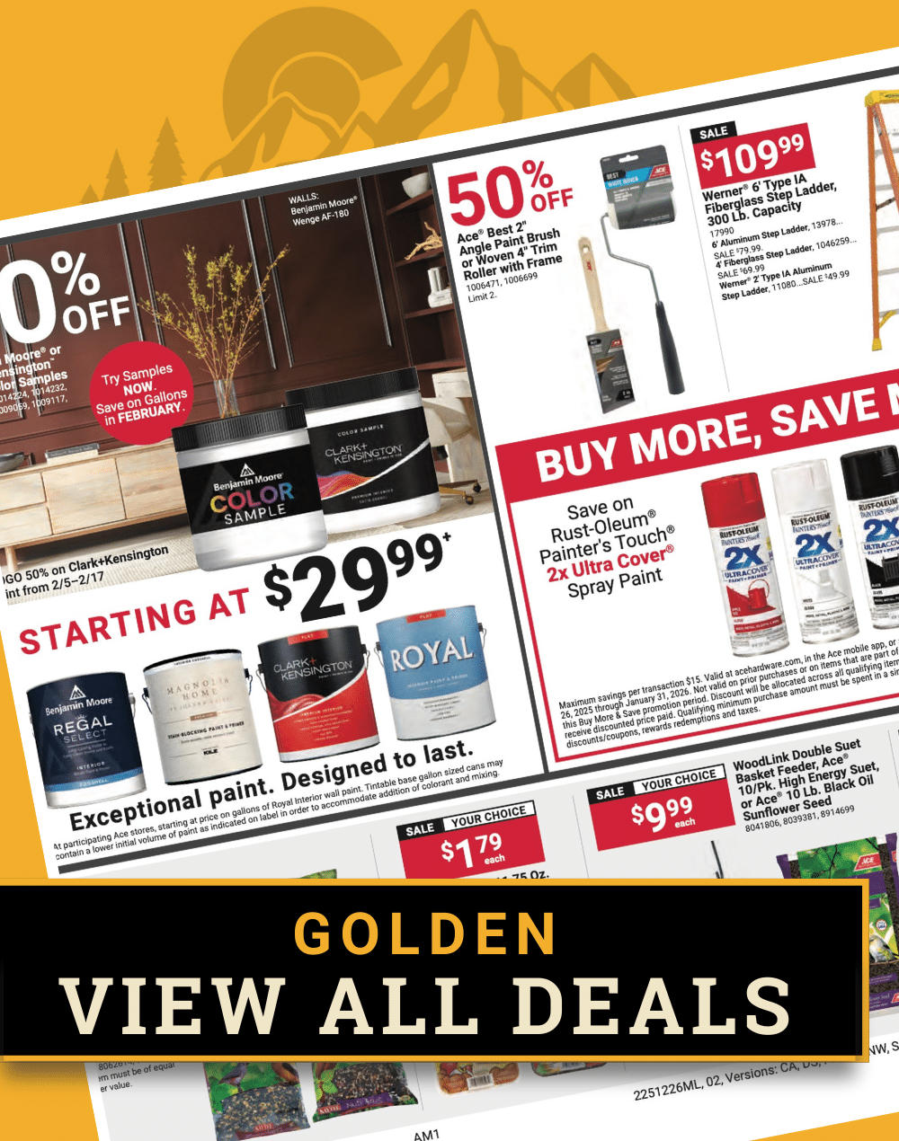 A promotional graphic for "Golden" Colorado Ace Hardware showing January Red Hot Buys. The flyer features Benjamin Moore and Clark+Kensington paint samples starting at $2.99, 50% off select paint brushes and rollers, and Werner fiberglass step ladders for $109.99. A large black banner at the bottom reads "GOLDEN VIEW ALL DEALS" in gold and white text.