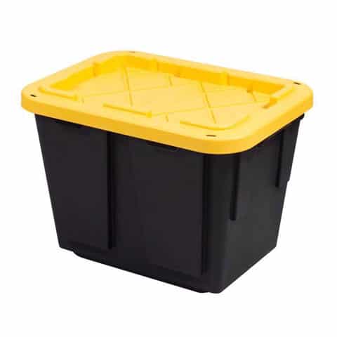 Plastic storage container in black with yellow lid