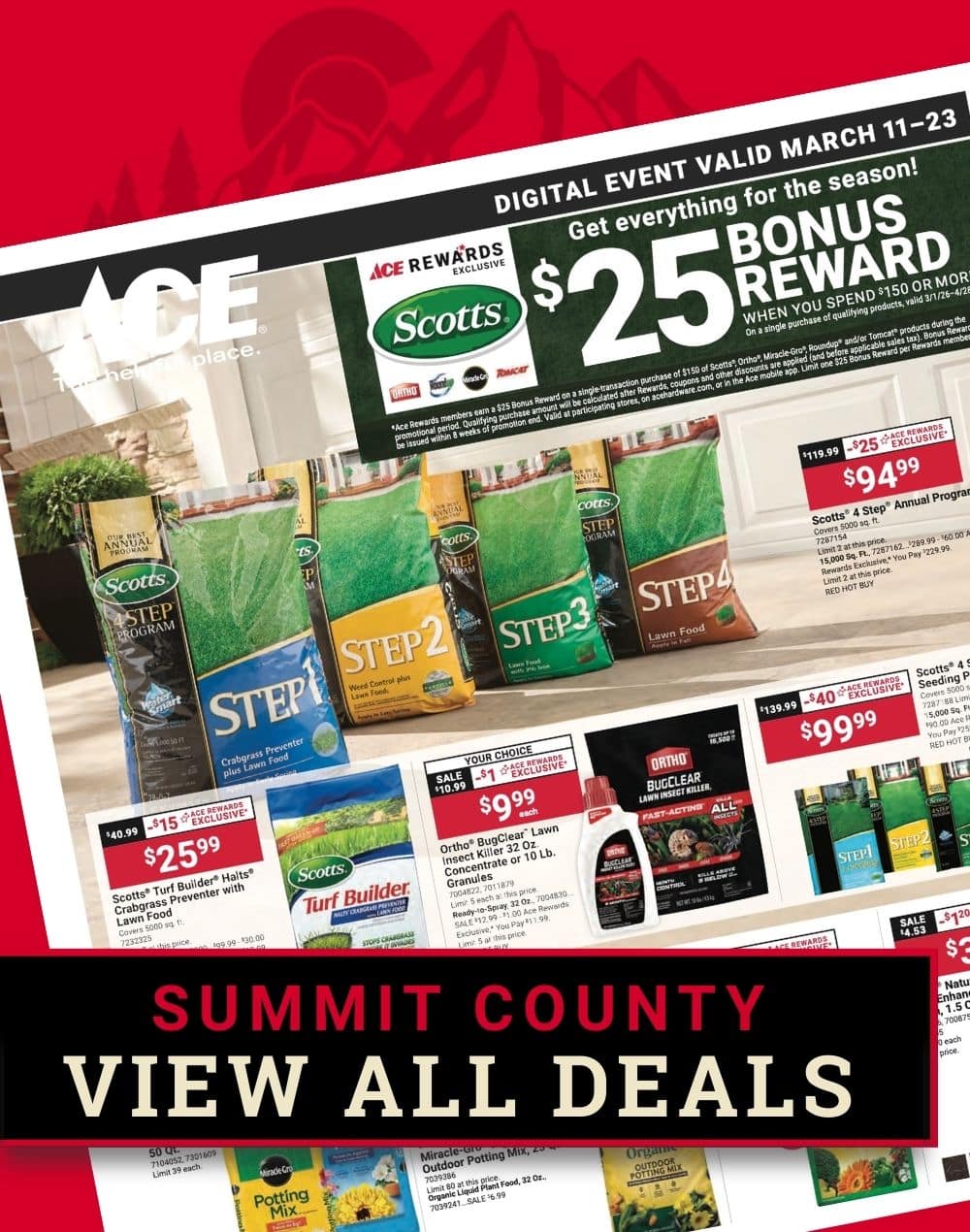Promotional graphic highlighting Scotts lawn care products, including the 4-Step program and turf builder deals. A red banner at the bottom reads “Summit County – View All Deals.”