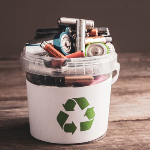 Bucket full of old household batteries to be recycled