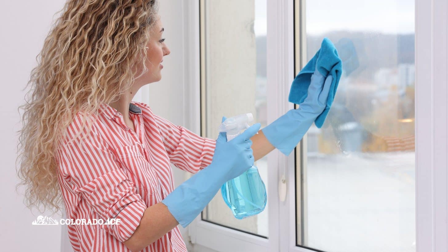 Cleaning windows with spray cleaner and microfiber cloth during spring cleaning