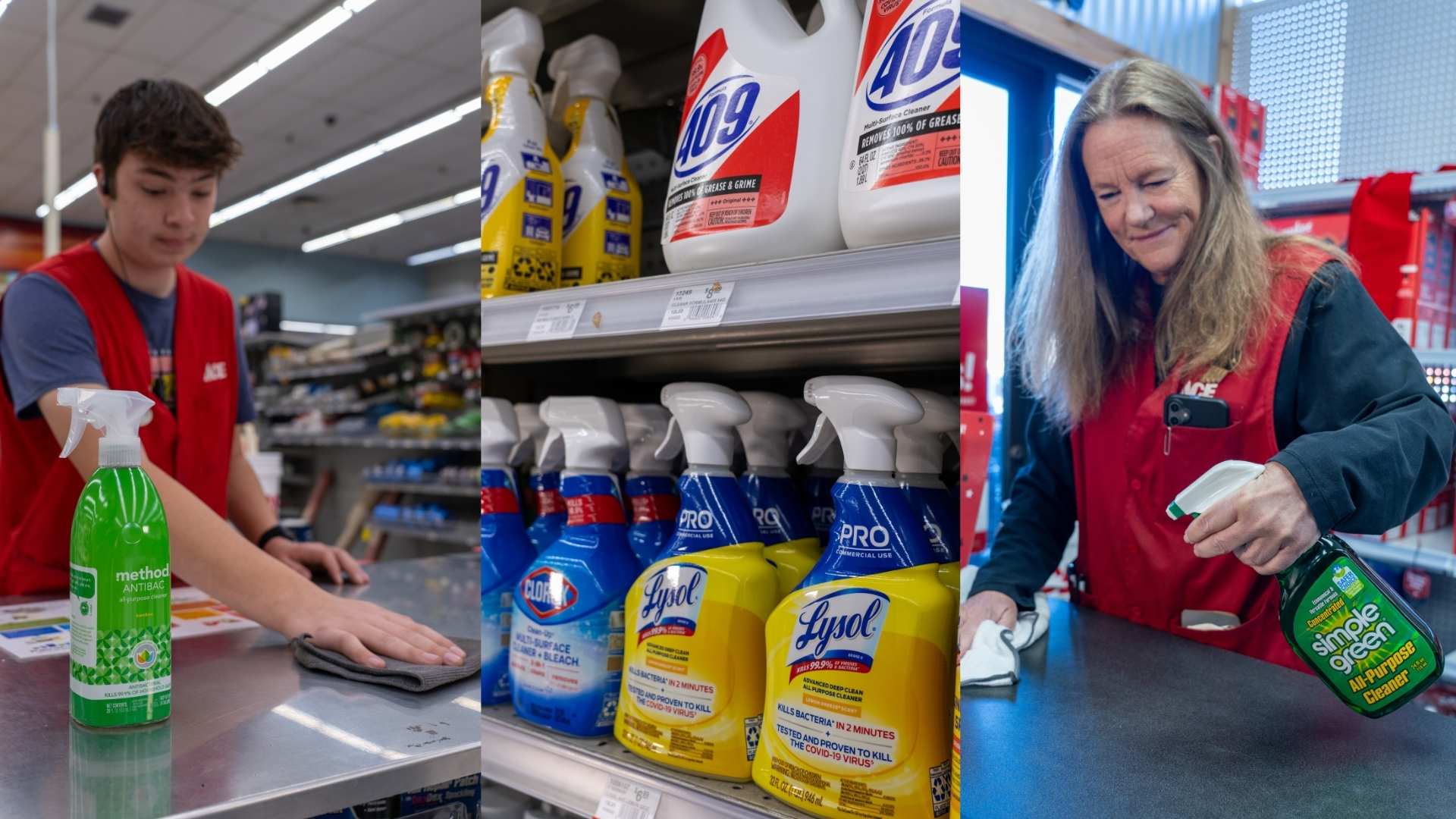 Colorado Ace team members stocking and using household cleaning products