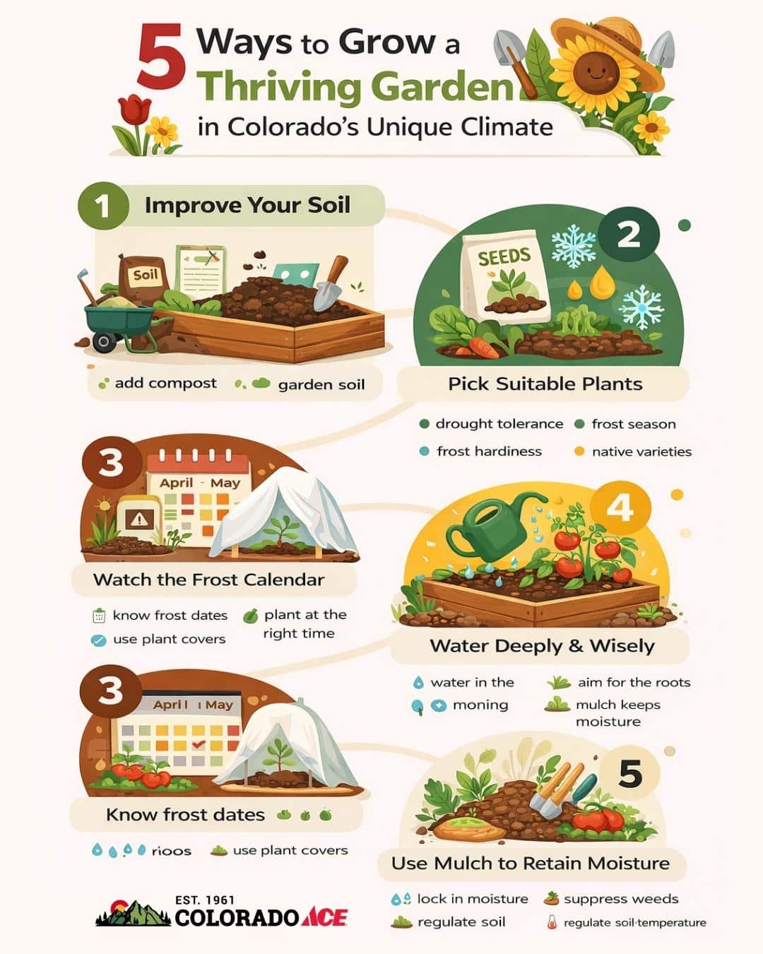 5 gardening tips for Colorado’s unique climate including soil, plant selection, frost timing, watering, and mulch