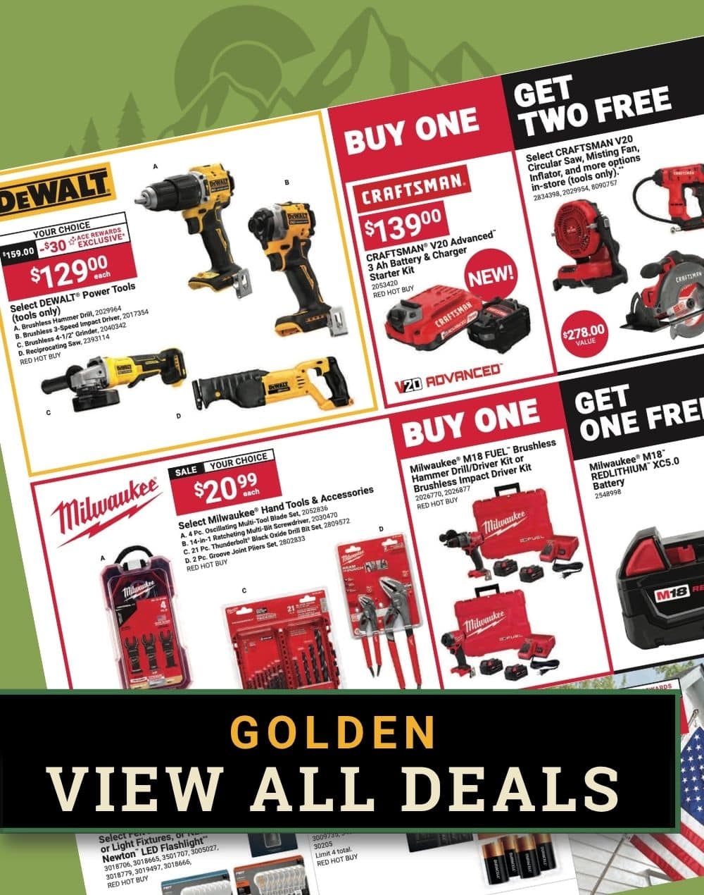 Promotional graphic showing bags of Ace Wild Bird Food, Black Oil Sunflower Seed, and bird suet deals arranged on a wooden surface. A red banner at the bottom reads “Golden – View All Deals.”