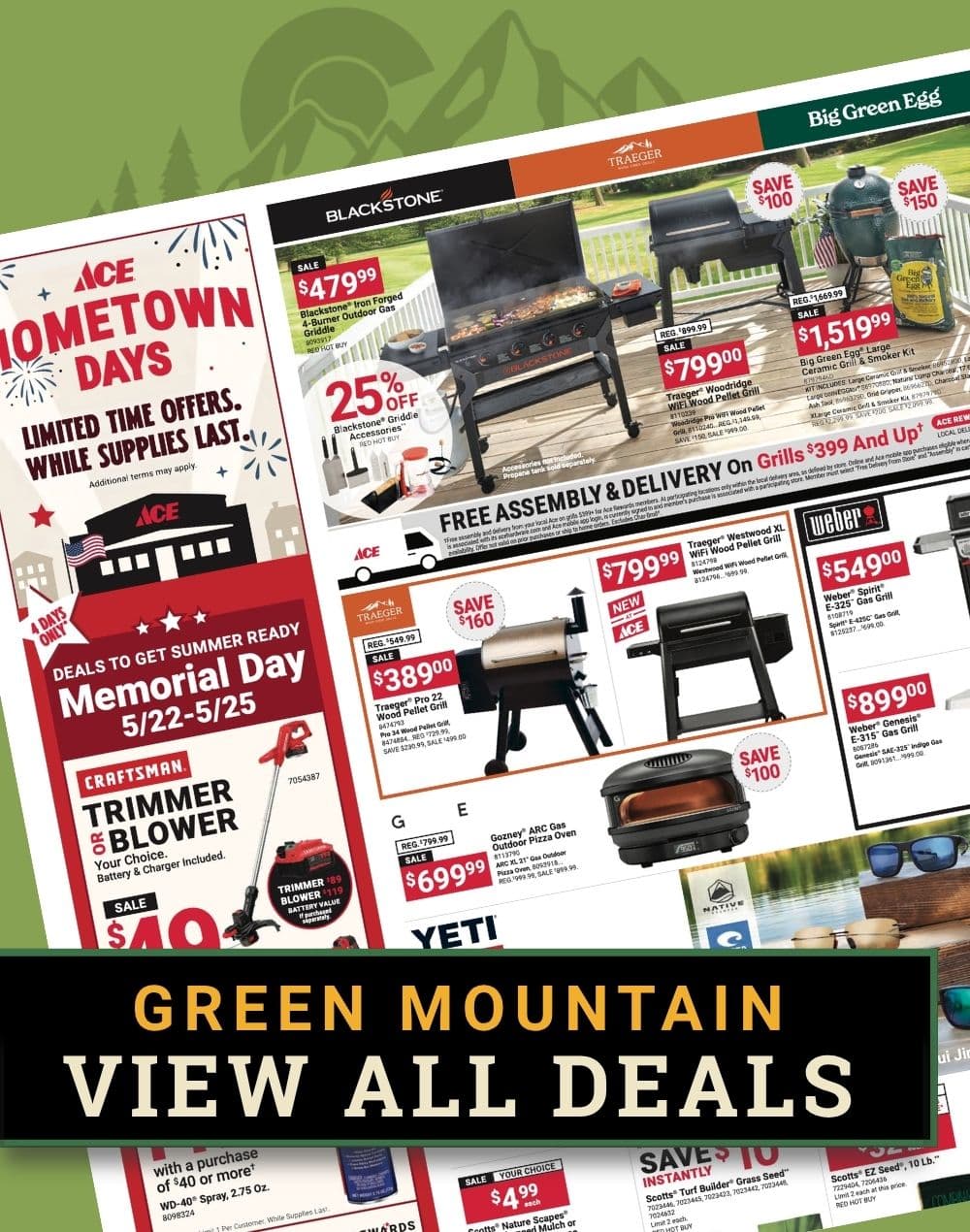 Promotional graphic featuring Blackstone and Traeger grills displayed on a patio with pricing and assembly offers. A red banner at the bottom reads “Green Mountain – View All Deals.”