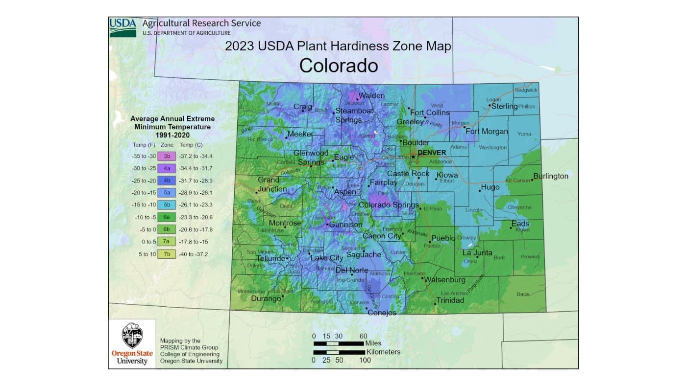USDA plant hardiness zone map for Colorado showing climate growing regions