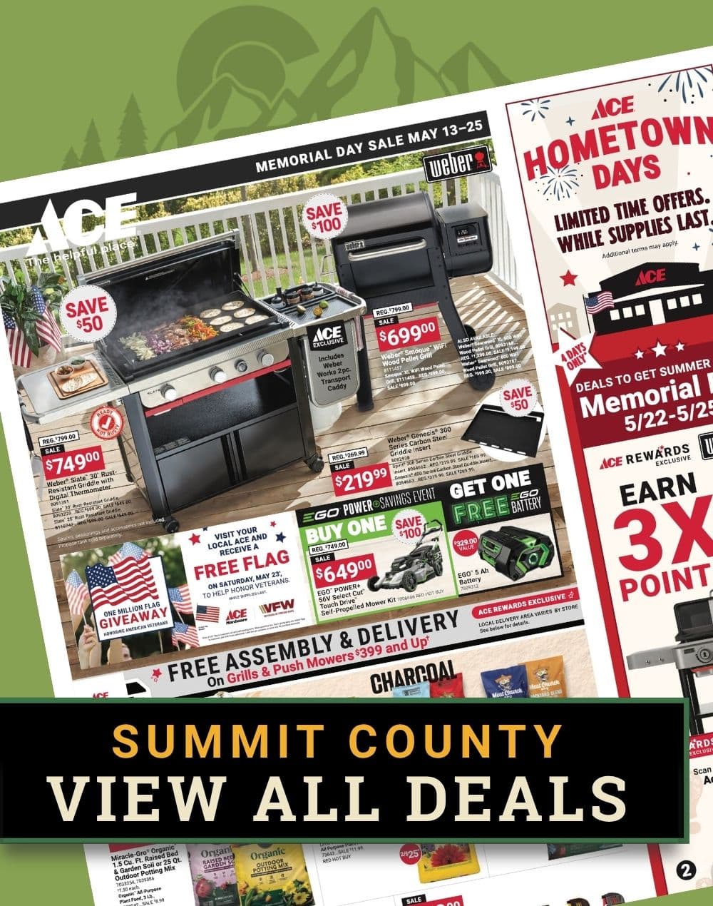 Promotional graphic highlighting Scotts lawn care products, including the 4-Step program and turf builder deals. A red banner at the bottom reads “Summit County – View All Deals.”