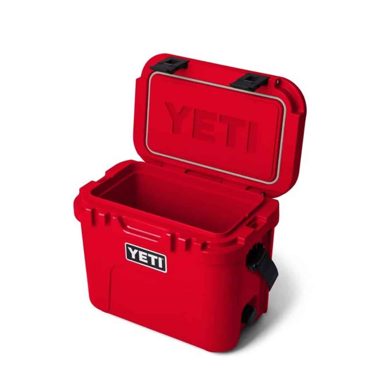 Red YETI hard cooler open for backyard parties and outdoor events