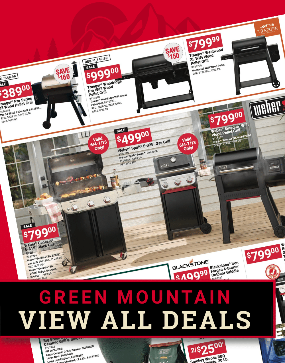 Promotional graphic for Colorado Ace Hardware Green Mountain Father’s Day Sale featuring grills and smokers from Traeger, Weber, and Blackstone with sale pricing and a bold “Green Mountain View All Deals” call-to-action over a red mountain-themed background.