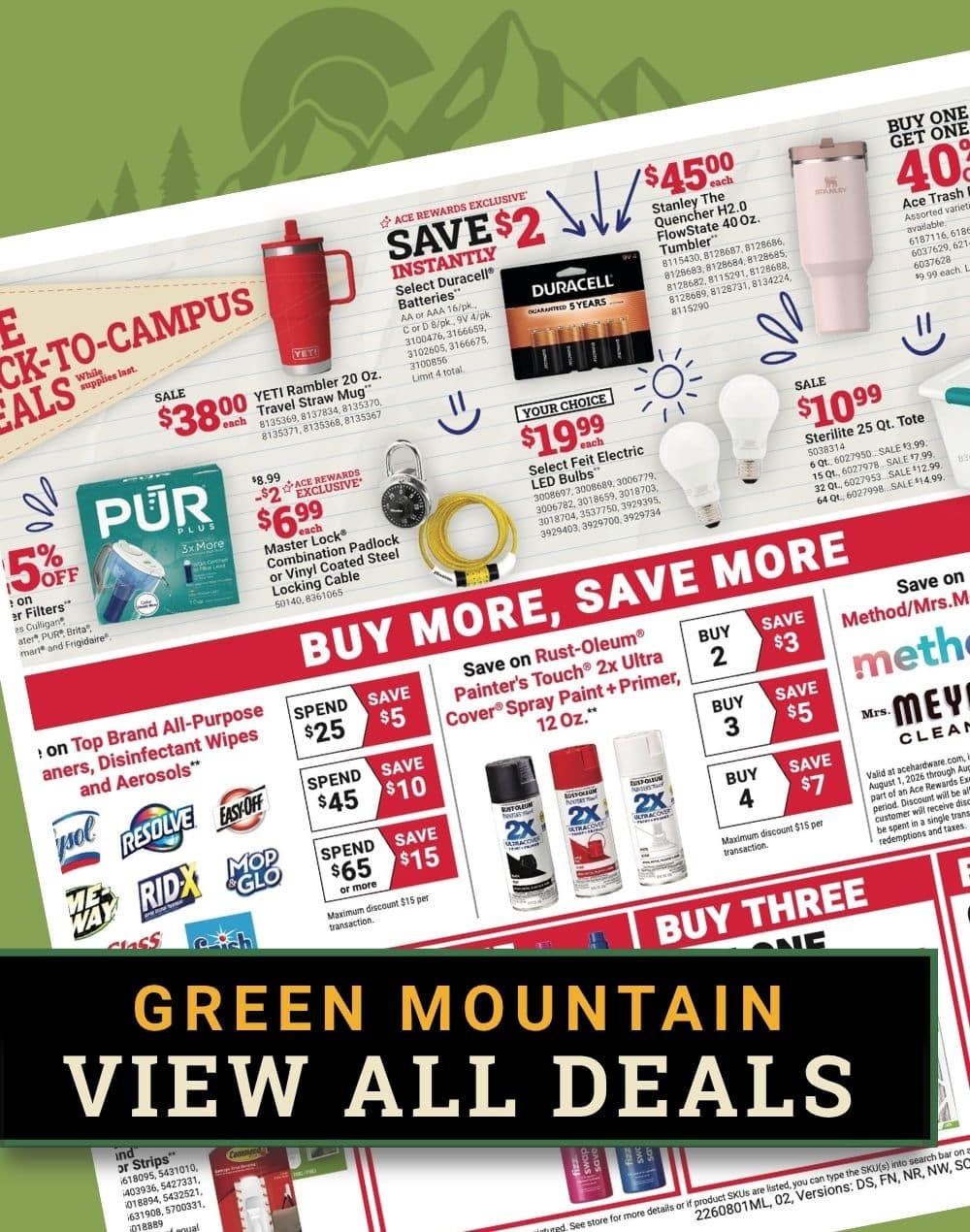 Red Hot Buys flyer featuring power tools, batteries, and outdoor equipment at Colorado Ace Green Mountain