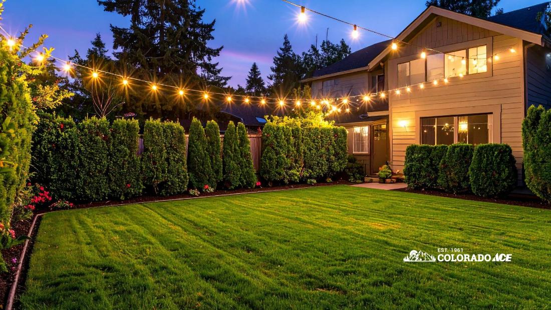 Landscaped backyard and two-story home illuminated by outdoor string lights at dusk