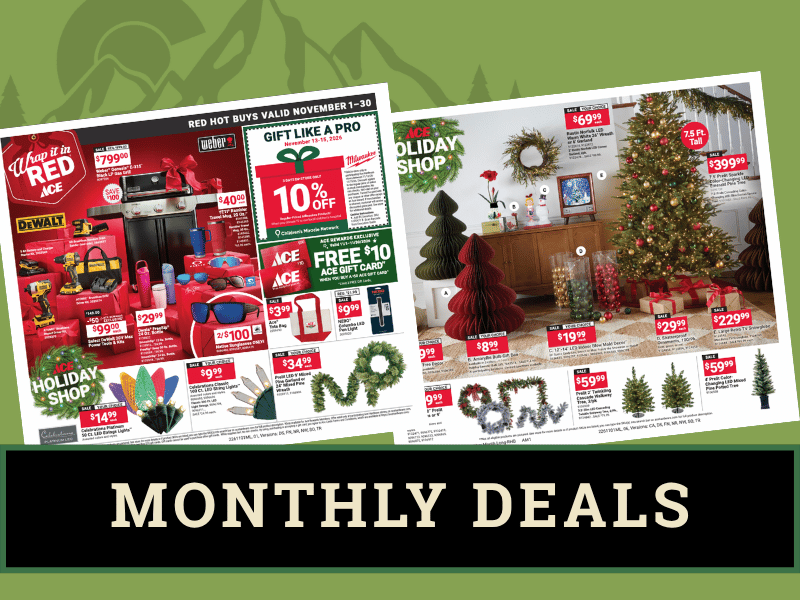 Colorado Ace November 2026 monthly deals featuring Weber grills, DeWalt tools, YETI drinkware, Christmas trees, and holiday decorations.